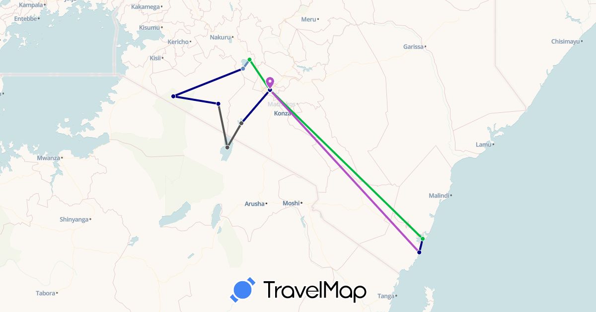 TravelMap itinerary: driving, bus, cycling, train, motorbike in Kenya, Tanzania (Africa)
